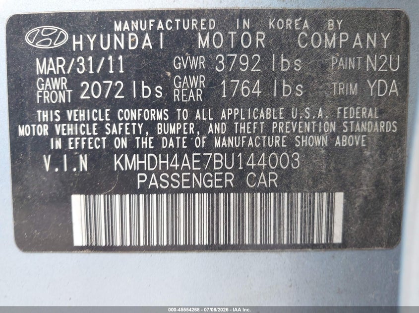 2011 Hyundai Elantra VIN KMHDH4AE7BU144003 IAAI salvage auction — NORMAL WEAR, Clear (Pennsylvania), sold $775 on 2026-08-01 (photo 9)