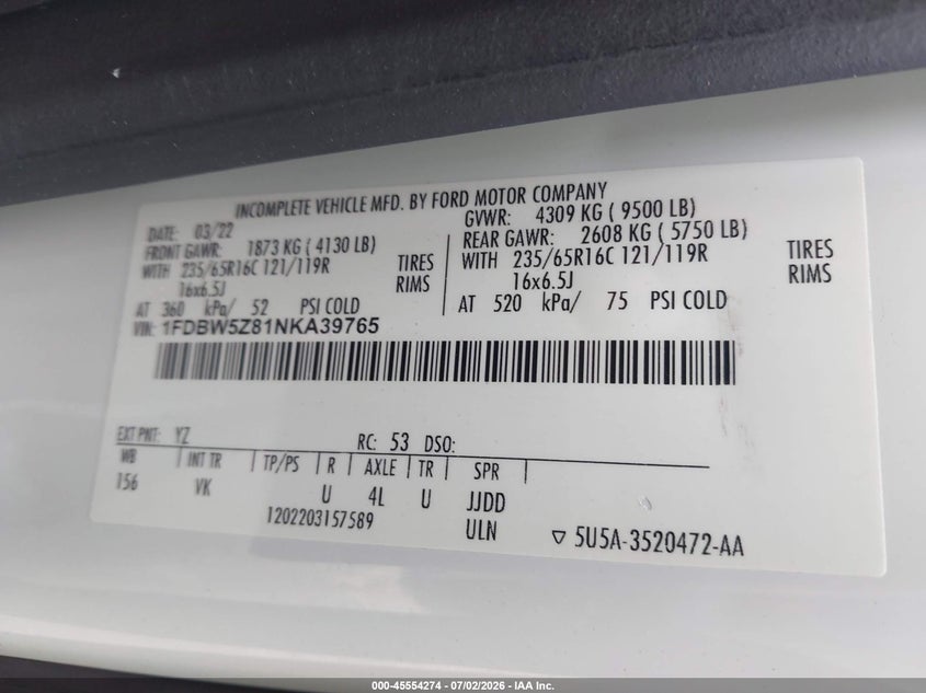 2022 Ford Transit-350 VIN 1FDBW5Z81NKA39765 IAAI salvage auction — UNKNOWN, Clear (Florida), sold $8,575 on 2026-07-20 (photo 9)