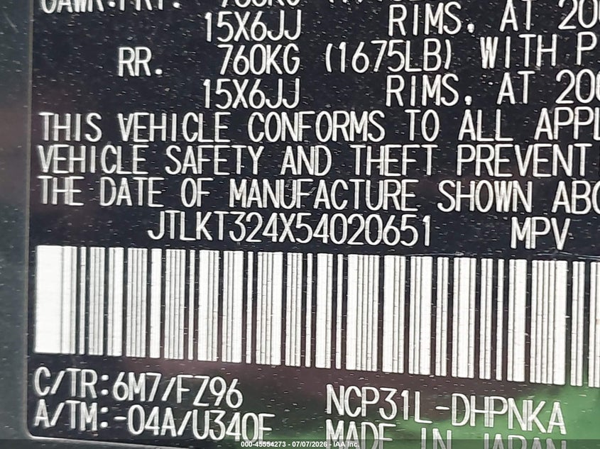 2005 Scion Xb VIN JTLKT324X54020651 IAAI salvage auction — NORMAL WEAR, Clear (Virginia), sold $425 on 2026-07-14 (photo 9)