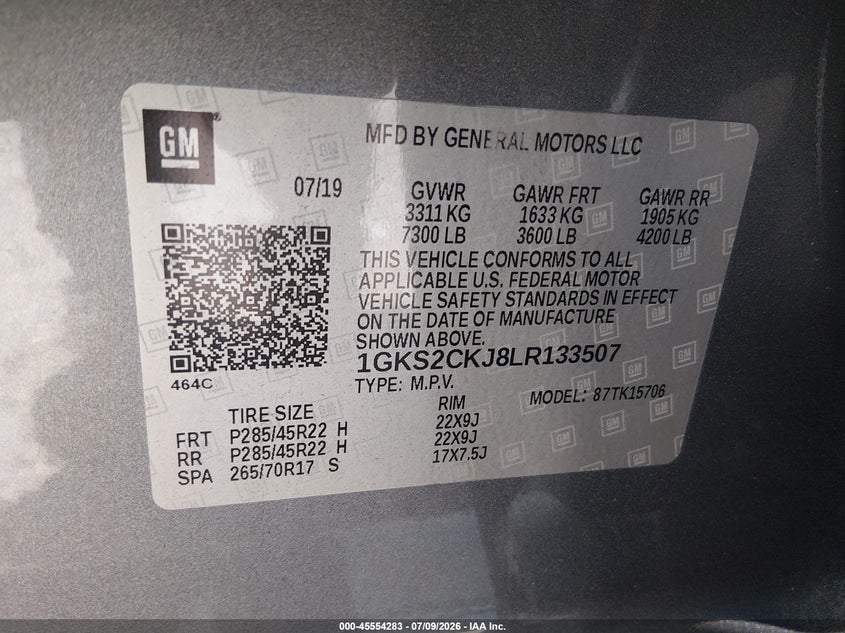 2020 Gmc Yukon VIN 1GKS2CKJ8LR133507 IAAI salvage auction — FRONT END, Salvage Title, sold $8,300 on 2026-08-27 (photo 9)
