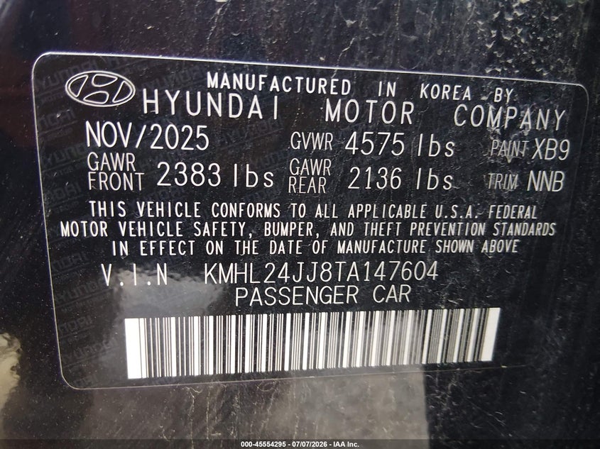2026 Hyundai Sonata VIN KMHL24JJ8TA147604 IAAI salvage auction — FRONT END, Enterprise Vehicles Clear Only (Nebraska), sold $13,700 on 2026-07-11 (photo 9)