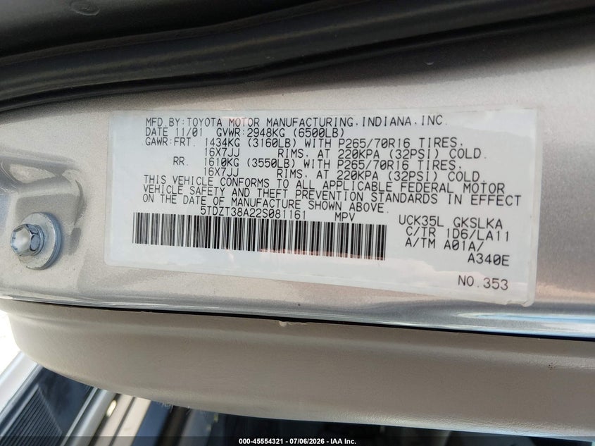 2002 Toyota Sequoia VIN 5TDZT38A22S081161 IAAI salvage auction — FRONT END, Salvage (California), sold $775 on 2026-07-30 (photo 9)