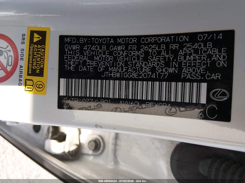 2014 Lexus ES VIN JTHBW1GG8E2074177 IAAI salvage auction — FRONT END, Salvage Title, sold $3,250 on 2026-07-29 (photo 9)