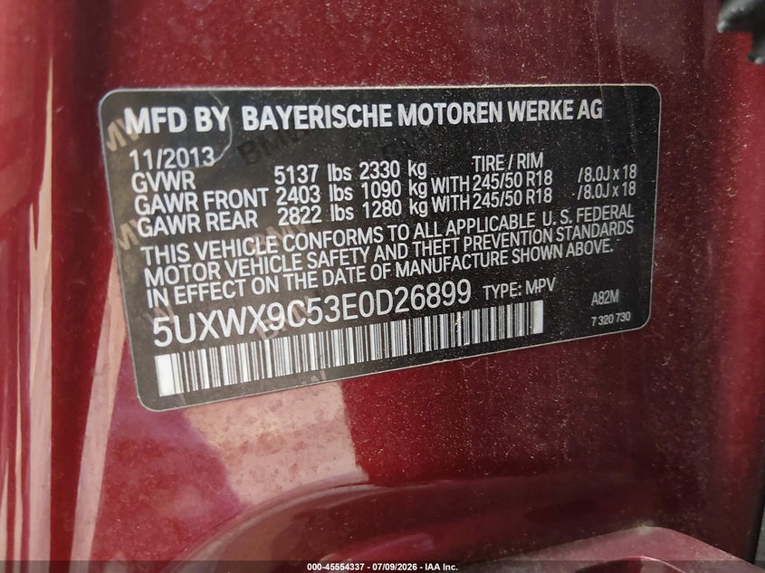 2014 BMW X3 VIN 5UXWX9C53E0D26899 IAAI salvage auction — NORMAL WEAR, Clear (Maryland), sold $1,000 on 2026-07-29 (photo 9)