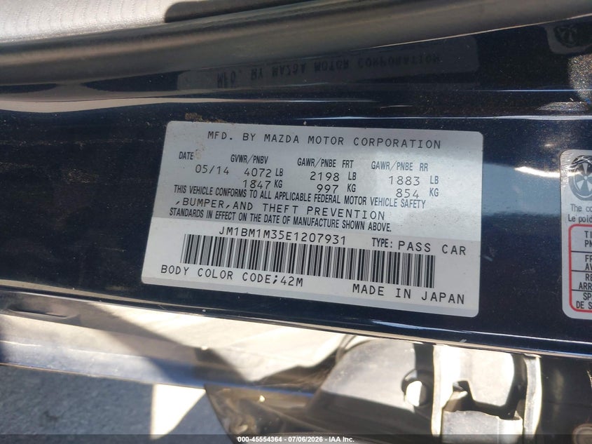 2014 Mazda 3 VIN JM1BM1M35E1207931 IAAI salvage auction — NORMAL WEAR, Clear - Dealer Only (California), sold $1,800 on 2026-07-28 (photo 9)