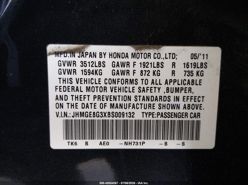 2011 Honda Fit VIN JHMGE8G3XBS009132 IAAI salvage auction — SIDE, Salvage (California), sold $1,200 on 2026-07-22 (photo 9)