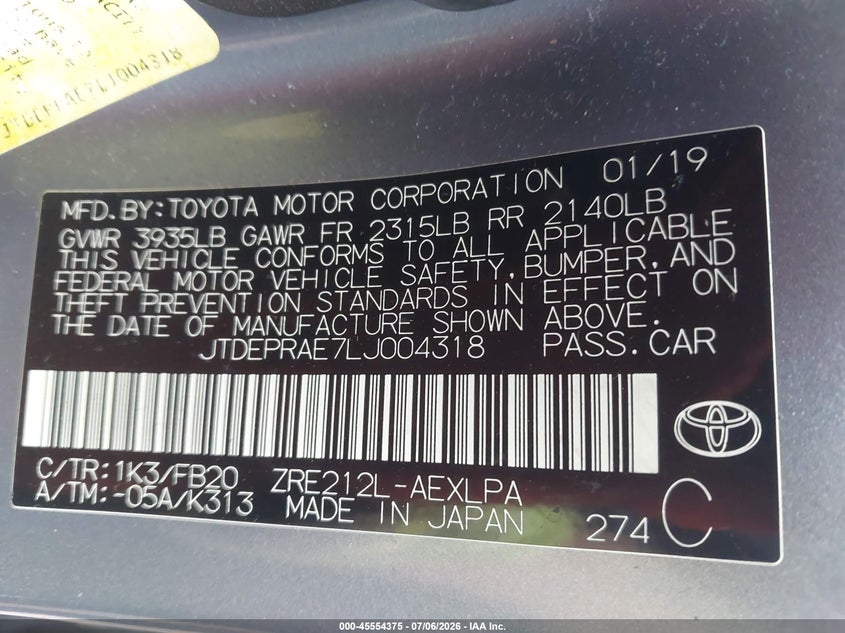 2020 Toyota Corolla VIN JTDEPRAE7LJ004318 IAAI salvage auction — FRONT END, Salvage Title, sold $3,200 on 2026-07-26 (photo 9)
