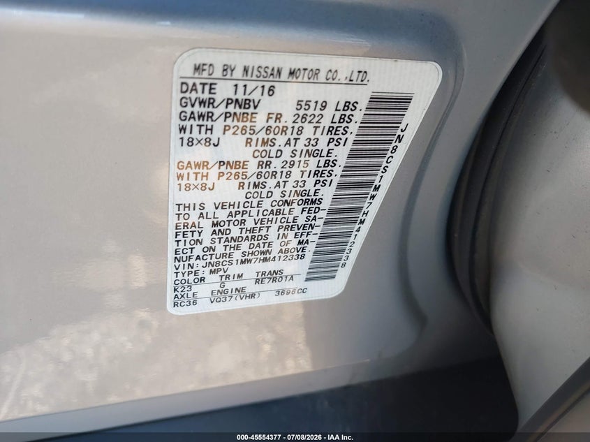 2017 Infiniti Qx70 VIN JN8CS1MW7HM412338 IAAI salvage auction — REAR END, Mv-907A (New York), sold $25 on 2026-07-28 (photo 9)