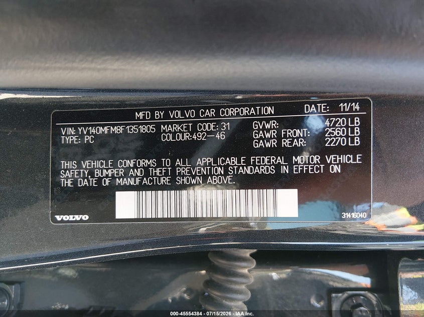 2015 Volvo S60 VIN YV140MFM8F1351805 IAAI salvage auction — SIDE, Wait Title, sold $900 on 2026-09-02 (photo 9)