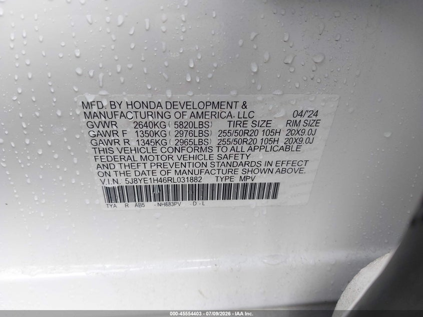 2024 Acura Mdx VIN 5J8YE1H46RL031882 IAAI salvage auction — FRONT END, Salvage Title, sold $20,150 on 2026-09-15 (photo 9)
