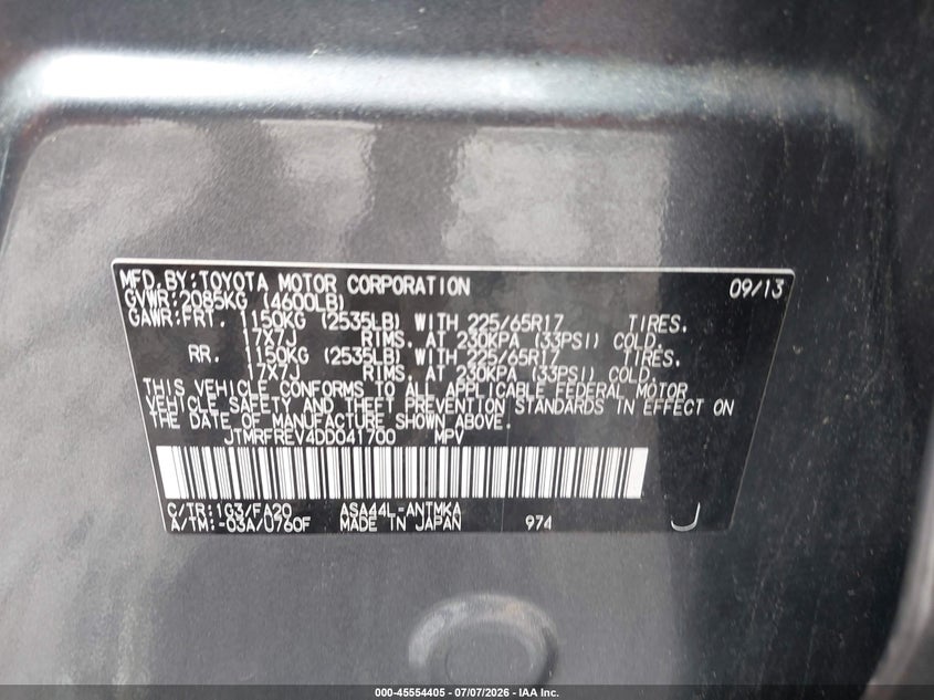 2013 Toyota Rav 4 VIN JTMRFREV4DD041700 IAAI salvage auction — REAR END, Salvage (Pennsylvania), sold $4,550 on 2026-07-24 (photo 9)