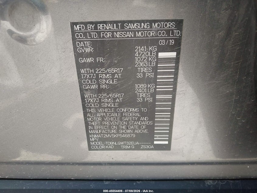 2019 Nissan Rogue VIN KNMAT2MV5KP546879 IAAI salvage auction — FRONT END, Mv-907A (New York), sold $25 on 2026-07-21 (photo 9)