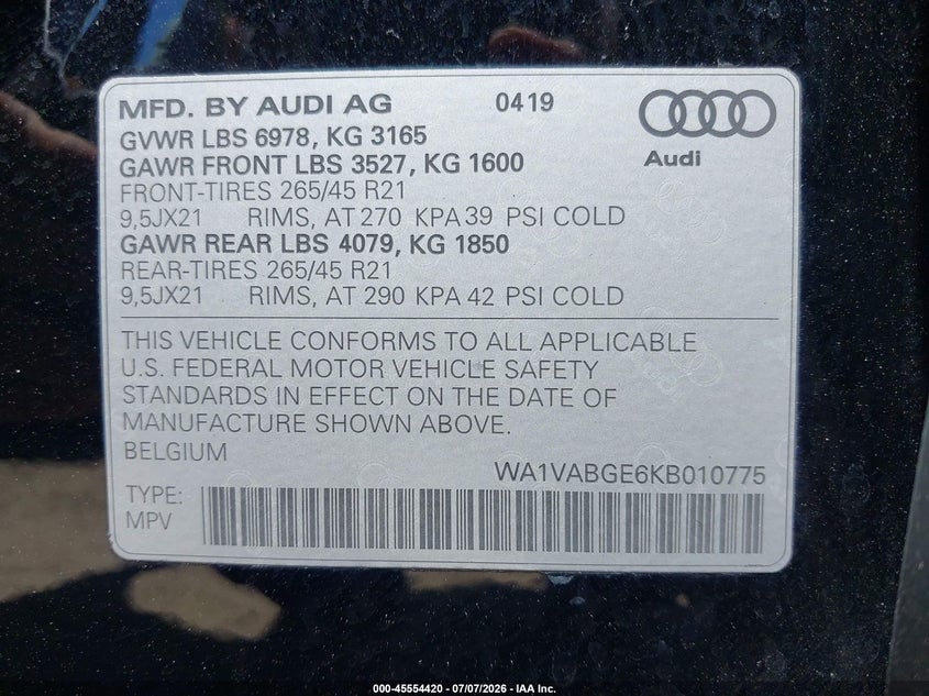 2019 Audi E-tron VIN WA1VABGE6KB010775 IAAI salvage auction — FRONT END, Salvage (California), sold $8,100 on 2026-07-30 (photo 9)