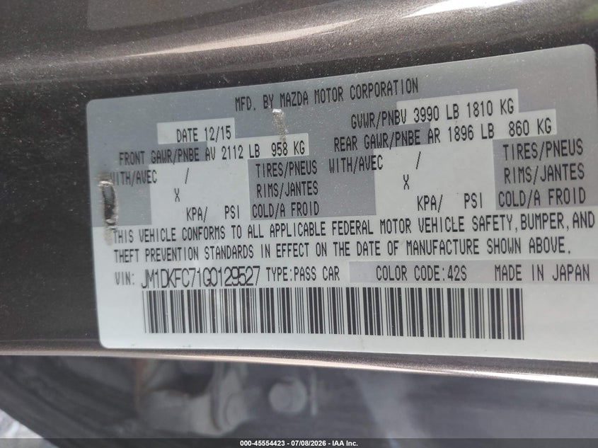 2016 Mazda Cx-3 VIN JM1DKFC71G0129527 IAAI salvage auction — FRONT END, Salvage Title, sold $1,700 on 2026-07-24 (photo 9)