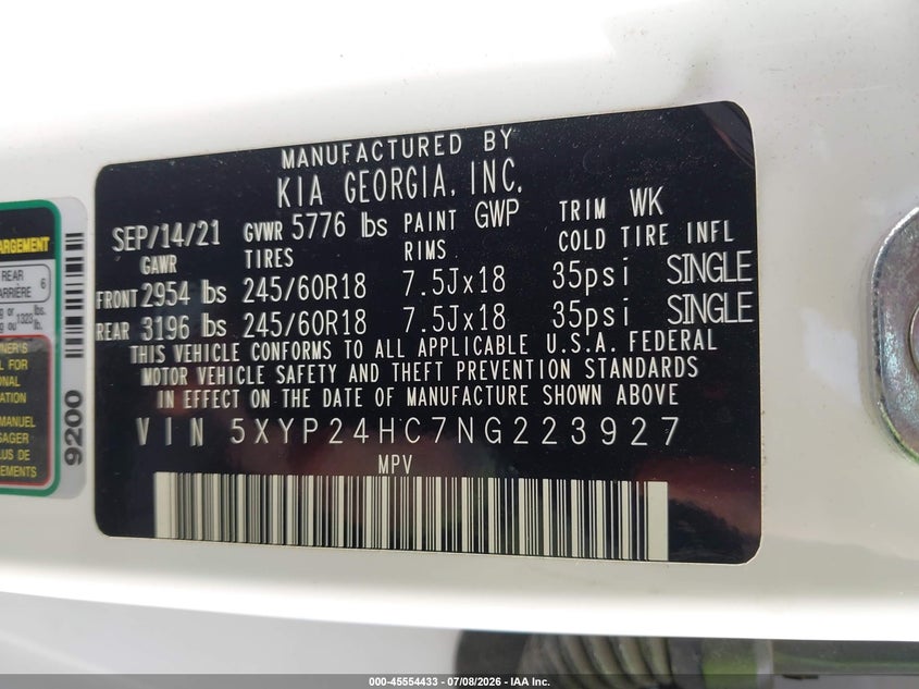 2022 Kia Telluride VIN 5XYP24HC7NG223927 IAAI salvage auction — REAR END, Salvage (North Carolina), sold $25 on 2026-07-23 (photo 9)