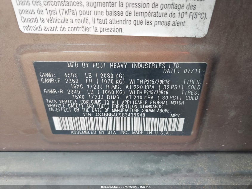 2011 Subaru Outback VIN 4S4BRBAC9B3439648 IAAI salvage auction — NORMAL WEAR, Clear-Dealer Only (Oregon), sold $550 on 2026-07-09 (photo 9)