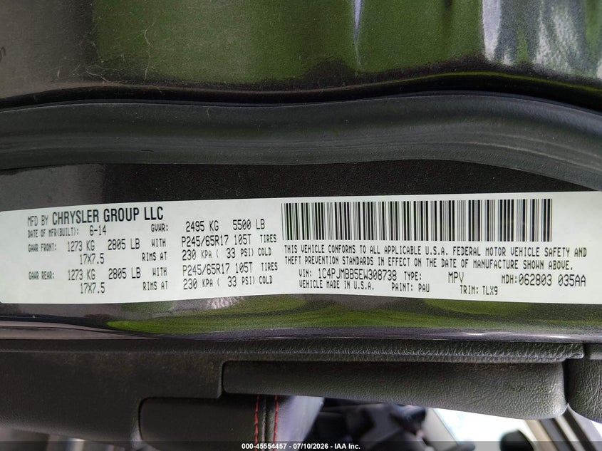 2014 Jeep Cherokee VIN 1C4PJMBB5EW308738 IAAI salvage auction — FRONT END, Wait Title, sold $1,600 on 2026-08-08 (photo 9)