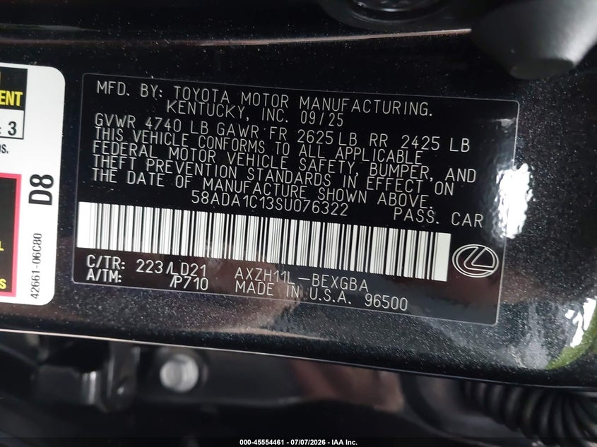 2025 Lexus ES VIN 58ADA1C13SU076322 IAAI salvage auction — SIDE, Salvage (Idaho), sold $19,600 on 2026-08-01 (photo 9)