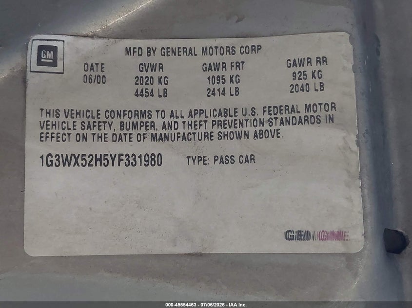 2000 Oldsmobile Intrigue VIN 1G3WX52H5YF331980 IAAI salvage auction — LEFT & RIGHT, Salvage (California), sold $250 on 2026-07-19 (photo 9)