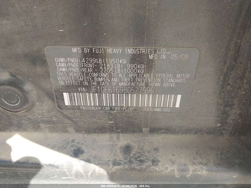 2008 Subaru Impreza VIN JF1GE61698G527596 IAAI salvage auction — NORMAL WEAR, Original (Texas), sold $250 on 2026-07-28 (photo 9)