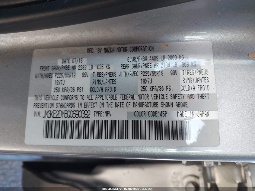 2016 Mazda Cx-5 VIN JM3KE2DY6G0690392 IAAI salvage auction — REAR END, Salvage (California), sold $3,100 on 2026-07-23 (photo 9)