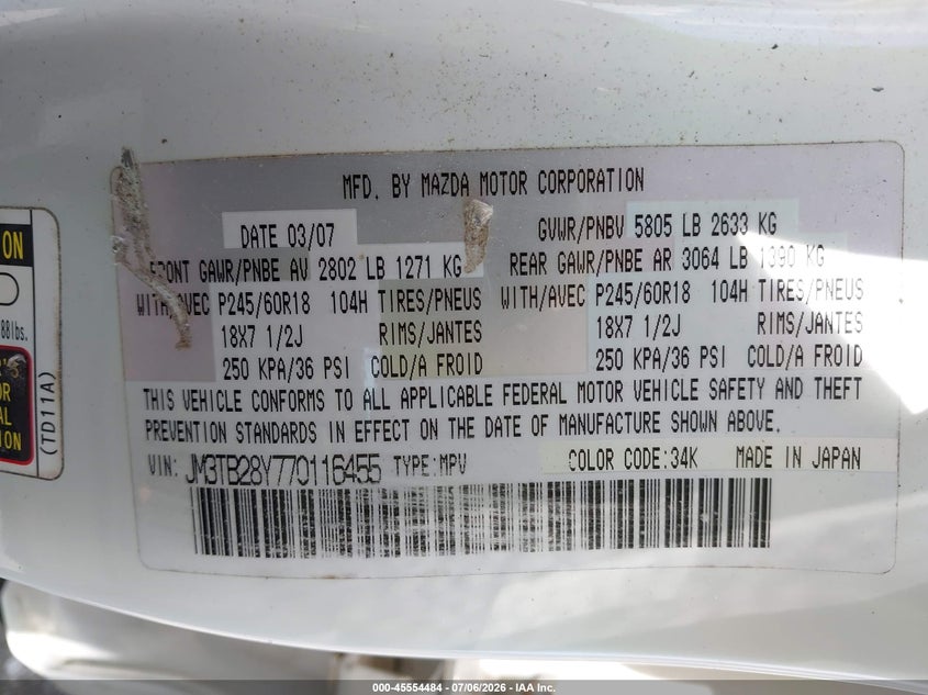 2007 Mazda Cx-9 VIN JM3TB28Y770116455 IAAI salvage auction — LEFT FRONT, Salvage (Ohio), sold $125 on 2026-07-27 (photo 9)