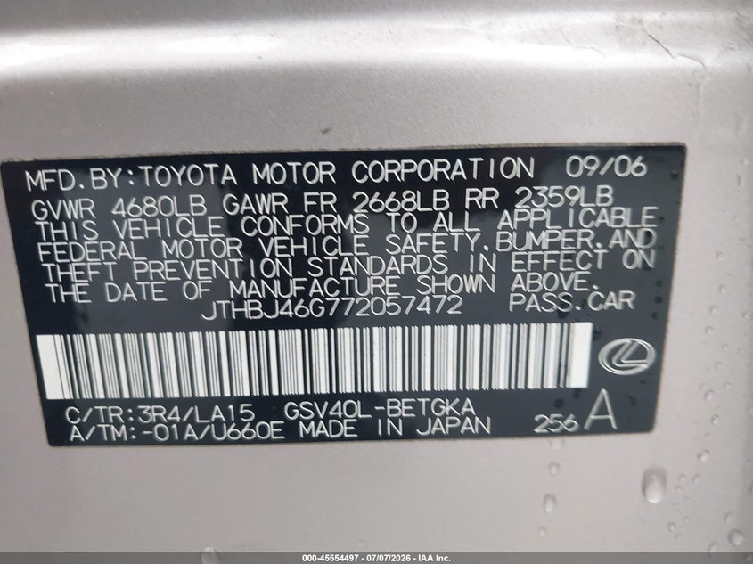 2007 Lexus Es 350 VIN JTHBJ46G772057472 IAAI salvage auction — NORMAL WEAR, Clear - Dealer Only (California), sold $2,000 on 2026-07-13 (photo 9)