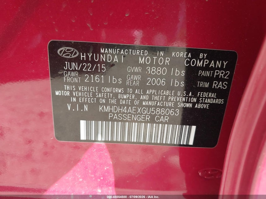 2016 Hyundai Elantra VIN KMHDH4AEXGU588063 IAAI salvage auction — LEFT FRONT, Salvage Title, sold $725 on 2026-08-02 (photo 9)