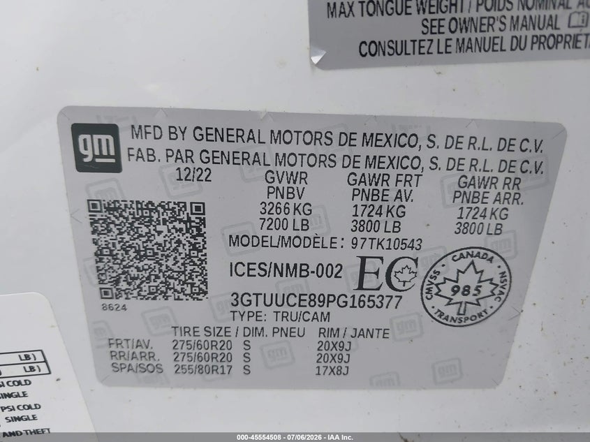 2023 Gmc SIERRA VIN 3GTUUCE89PG165377 IAAI salvage auction — WATER/FLOOD, Salvage Title, sold $19,900 on 2026-08-21 (photo 9)