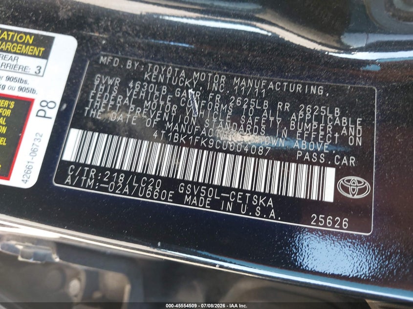 2012 Toyota Camry VIN 4T1BK1FK9CU004087 IAAI salvage auction — NORMAL WEAR, Salvage Title, sold $1,450 on 2026-07-19 (photo 9)