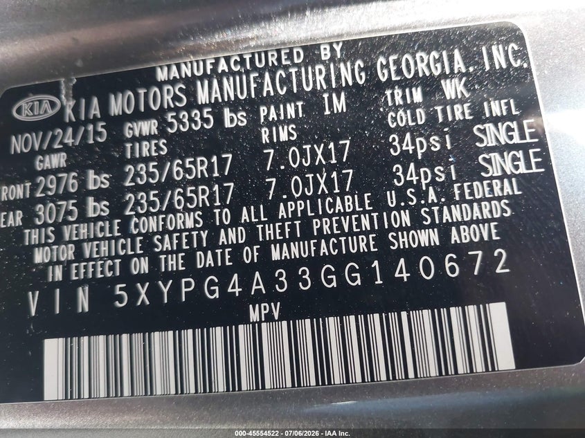 2016 Kia Sorento VIN 5XYPG4A33GG140672 IAAI salvage auction — VANDALISM, Non-Repairable (California), sold $925 on 2026-07-23 (photo 9)