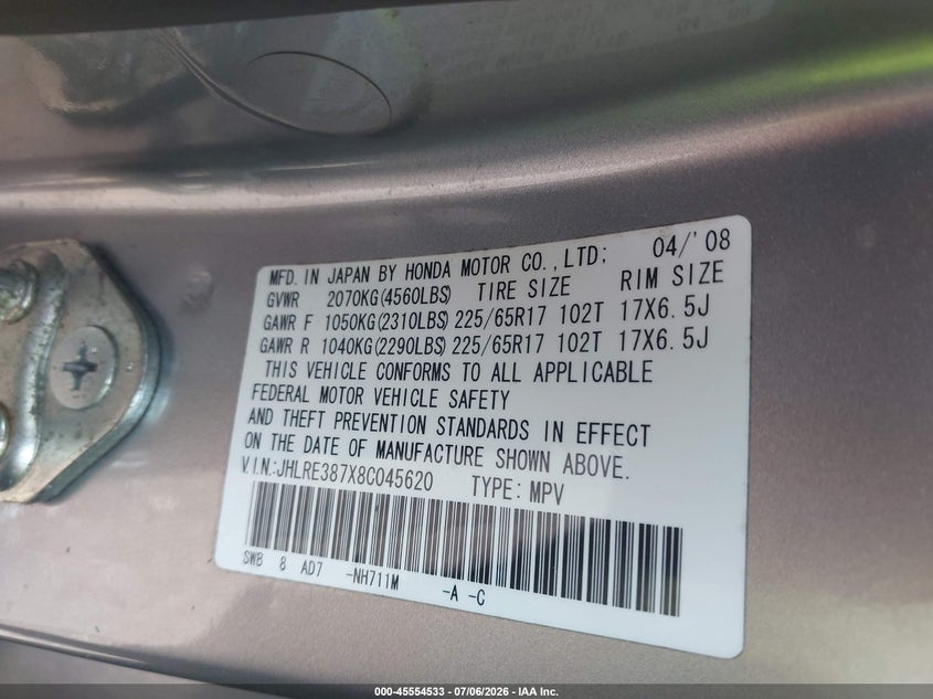 2008 Honda Cr-v VIN JHLRE387X8C045620 IAAI salvage auction — LEFT FRONT, Salvage (Alabama), sold $875 on 2026-07-19 (photo 9)