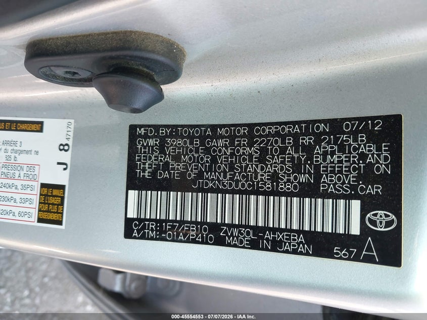 2012 Toyota Prius VIN JTDKN3DU0C1581880 IAAI salvage auction — LEFT REAR, Salvage Certificate (California), sold $2,975 on 2026-07-24 (photo 9)