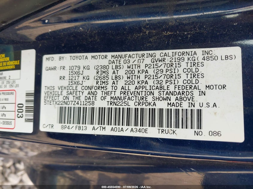 2007 Toyota Tacoma VIN 5TETX22N07Z411258 IAAI salvage auction — FRONT END, Clear (Wisconsin), sold $25 on 2026-07-30 (photo 9)