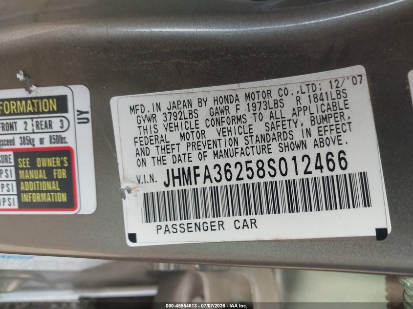 2008 Honda Civic hybrid VIN JHMFA36258S012466 IAAI salvage auction — NORMAL WEAR, Original (Texas), sold $100 on 2026-07-30 (photo 9)