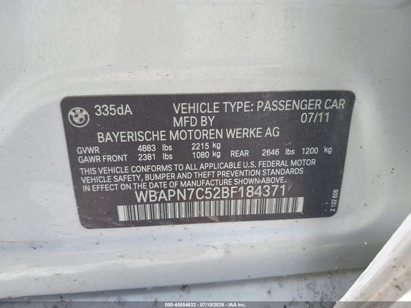 2011 BMW 3 series VIN WBAPN7C52BF184371 IAAI salvage auction — FRONT & REAR, Salvage (Missouri), sold $600 on 2026-07-31 (photo 8)