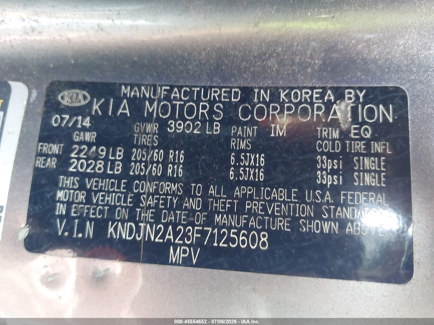 2015 Kia Soul VIN KNDJN2A23F7125608 IAAI salvage auction — NORMAL WEAR, Clear (Florida), sold $950 on 2026-07-29 (photo 9)