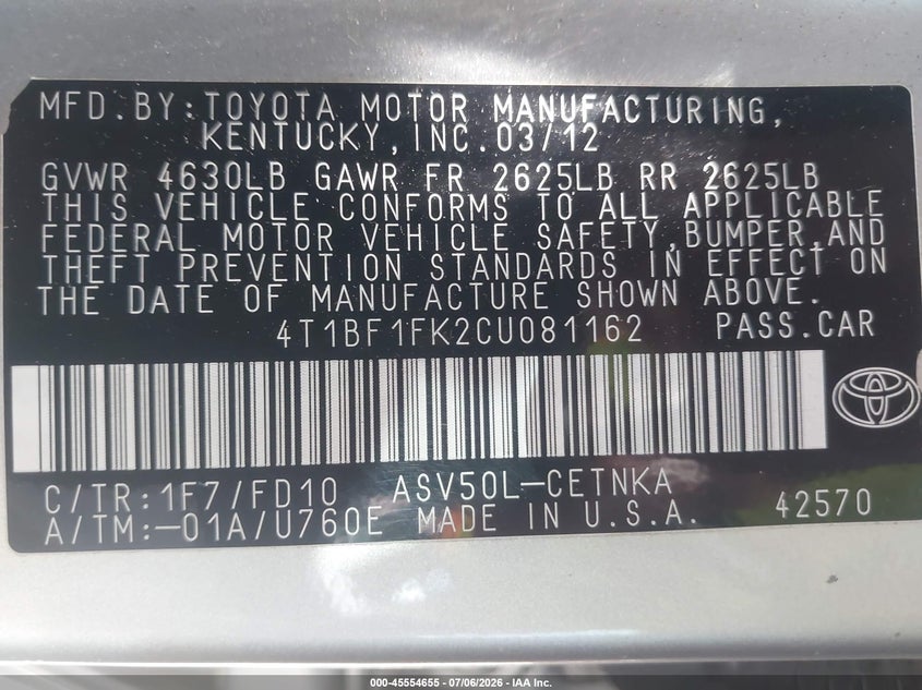 2012 Toyota Camry VIN 4T1BF1FK2CU081162 IAAI salvage auction — RIGHT FRONT, Wait Title, sold $1,500 on 2026-09-14 (photo 9)