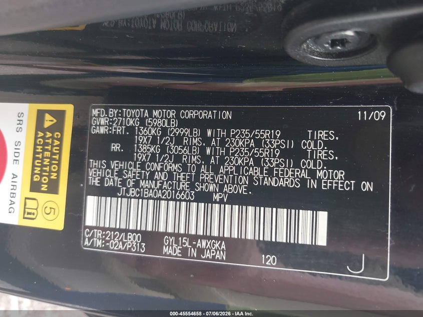 2010 Lexus Rx VIN JTJBC1BA0A2016603 IAAI salvage auction — FRONT & REAR, Salvage (Pennsylvania), sold $1,900 on 2026-07-29 (photo 9)