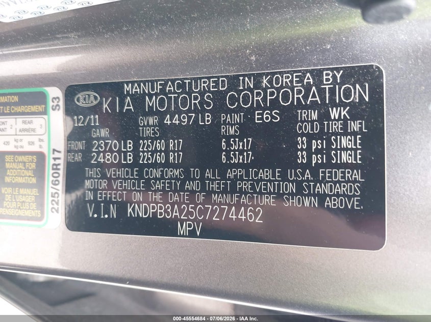 2012 Kia Sportage VIN KNDPB3A25C7274462 IAAI salvage auction — NORMAL WEAR, Clear (Massachusetts), sold $1,100 on 2026-07-15 (photo 9)