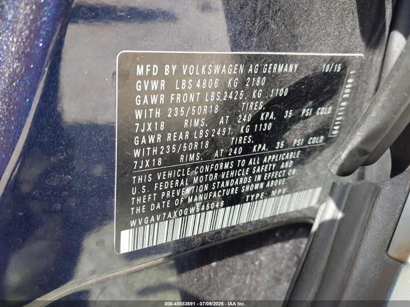 2016 Volkswagen Tiguan VIN WVGAV7AX0GW545046 IAAI salvage auction — FRONT & REAR, Rebuildable (Florida), sold $225 on 2026-07-30 (photo 9)