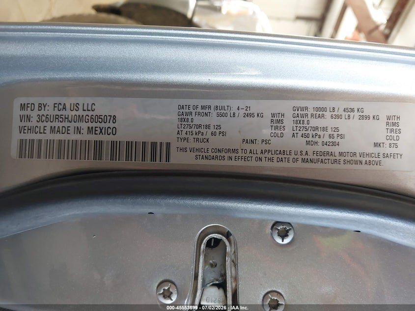 2021 Ram 2500 VIN 3C6UR5HJ0MG605078 IAAI salvage auction — NORMAL WEAR, Sf97 (Washington), sold $10,100 on 2026-07-29 (photo 9)