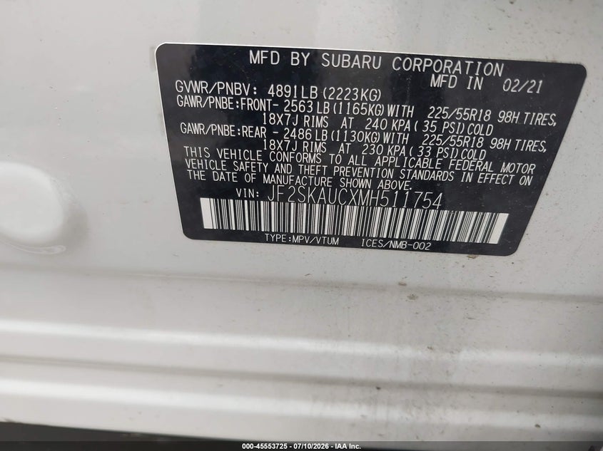 2021 Subaru Forester VIN JF2SKAUCXMH511754 IAAI salvage auction — REAR END, Salvage Title, sold $8,700 on 2026-08-24 (photo 9)