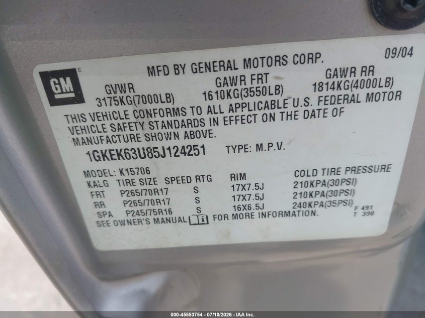 2005 Gmc Yukon VIN 1GKEK63U85J124251 IAAI salvage auction — FRONT END, Clear (Georgia), sold $1,000 on 2026-09-13 (photo 9)