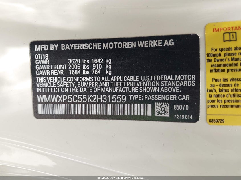 2019 Mini Hard top VIN WMWXP5C55K2H31559 IAAI salvage auction — LEFT FRONT, Salvage Title, sold $1,650 on 2026-08-08 (photo 9)