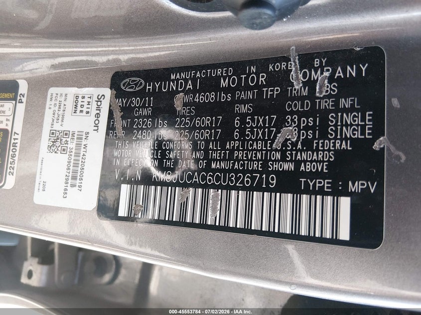 2012 Hyundai Tucson VIN KM8JUCAC6CU326719 IAAI salvage auction — FRONT END, Salvage Title, sold $750 on 2026-07-20 (photo 9)