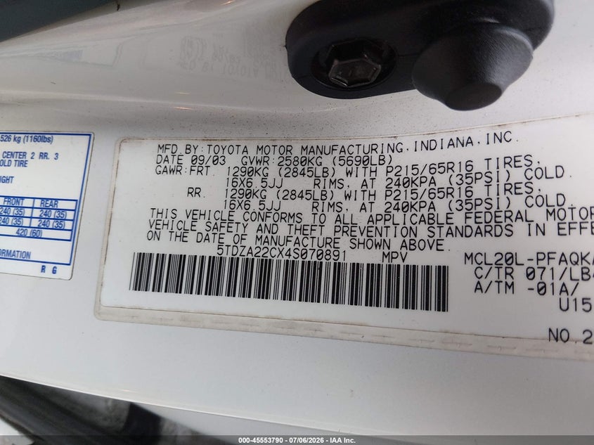 2004 Toyota Sienna VIN 5TDZA22CX4S070891 IAAI salvage auction — NORMAL WEAR, Clear (Virginia), sold $650 on 2026-07-24 (photo 9)