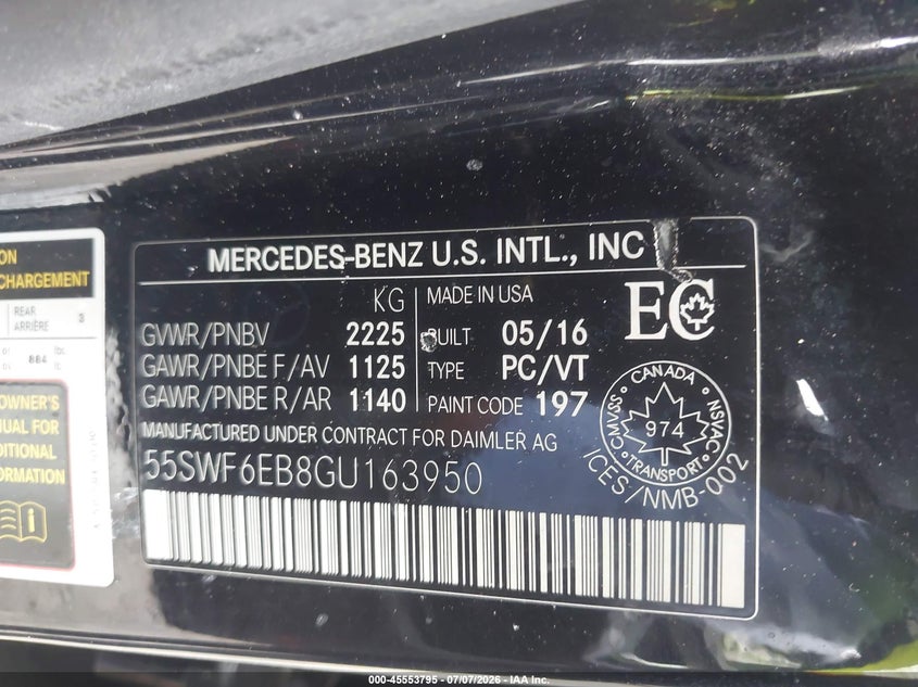 2016 Mercedes-benz C-klasse amg VIN 55SWF6EB8GU163950 IAAI salvage auction — FRONT END, Wait Title, sold $5,100 on 2026-08-15 (photo 9)