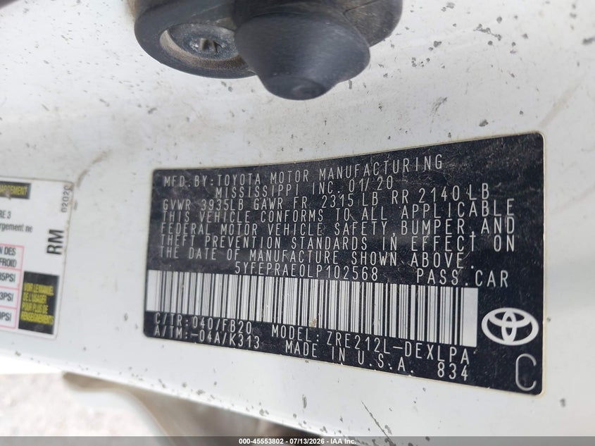 2020 Toyota Corolla VIN 5YFEPRAE0LP102568 IAAI salvage auction — LEFT & RIGHT, Clear (Oklahoma), sold $3,850 on 2026-07-28 (photo 9)