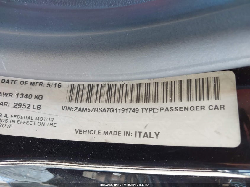 2016 Maserati Ghibli VIN ZAM57RSA7G1191749 IAAI salvage auction — FRONT END, Rebuildable (Florida), sold $5,200 on 2026-07-25 (photo 9)